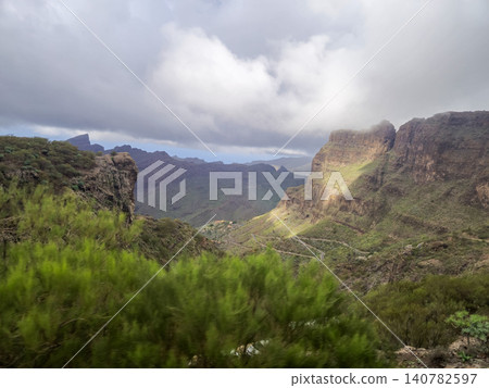 Dramatic mountain valley with winding road and cloudy sky Dramatic mountain valley with winding road and cloudy sky 140782597