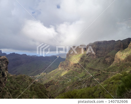 Mountain valley with winding road and dramatic clouds Mountain valley with winding road and dramatic clouds 140782606