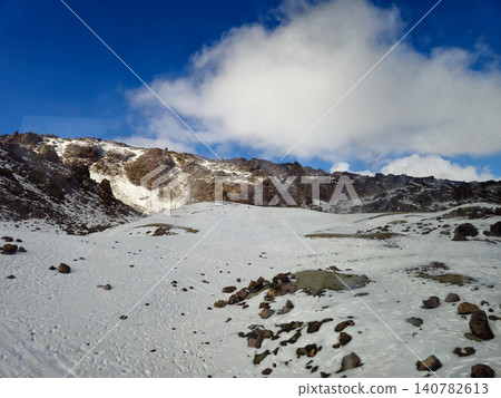 Snow Covered Volcanic Landscape Under Blue Sky 140782613