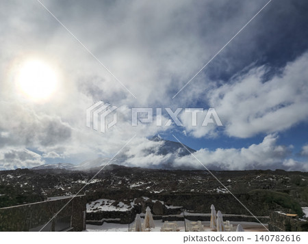 Snowy volcanic landscape with dramatic cloudy sky Snowy volcanic landscape with dramatic cloudy sky 140782616