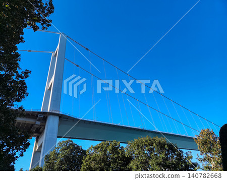 Suspension bridge against clear blue sky Suspension bridge against clear blue sky 140782668
