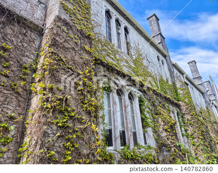 Ivy covered old stone building facade with arched windows 140782860