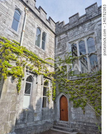Historic stone castle courtyard with ivy-covered walls Historic stone castle courtyard with ivy-covered walls 140782863