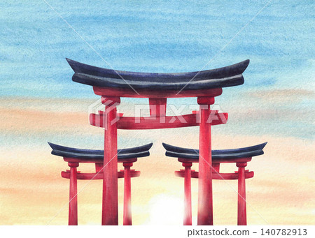 Three Japanese Torii gates at sunrise hand painting in watercolor. Landscape with red shrine gates, yellow, orange, purple sky with clouds and sunset glowing sun. Illustration for Japan travel card. 140782913