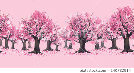 Watercolor cherry blossoms trees seamless border. Blooming spring sakura garden with flowers and falling petals. Hand drawn traditional Asian wallpaper Illustration on isolated pink background pattern Watercolor cherry blossoms trees seamless border. Blooming spring sakura garden with flowers and falling petals. Hand drawn traditional Asian wallpaper Illustration on isolated pink background pattern 140782914