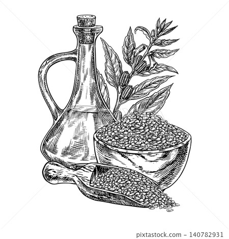 Sesame oil in a glass bottle, seeds in a wooden bowl and scoop, sesame plant. Black and white vector graphics. Hand-drawn illustrations. Perfect for labels, product packaging, posters, menus and more. 140782931