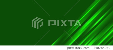 Green glowing diagonal lines background. Greenish neon gradient stripes wallpaper. Vector abstract motion effect light trails backdrop for booklet, brochure, flyer, banner, poster, presentation, cover 140783049