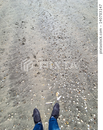 Standing on Shell Covered Beach Sand Standing on Shell Covered Beach Sand 140783147
