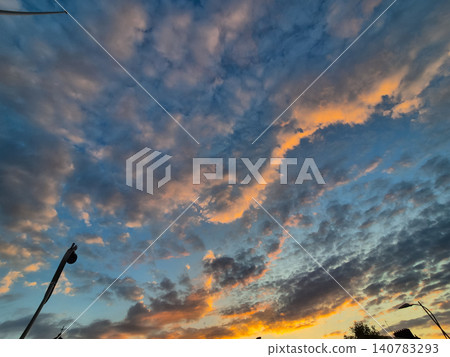 Dramatic colorful sunset sky with scattered clouds Dramatic colorful sunset sky with scattered clouds 140783293