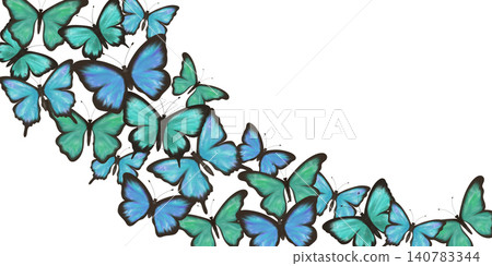 Horizontal frame,poster, card of delicate blue and green butterflies.Watercolor digital illustration Horizontal frame,poster, card of delicate blue and green butterflies.Watercolor digital illustration 140783344