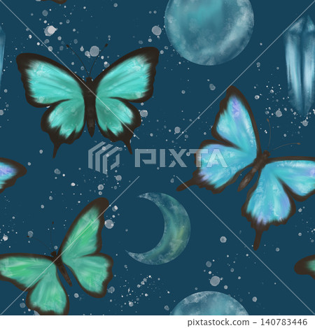 Delicate blue and green butterflies, full moon, crescent and magic crystal,splashes,seamless pattern 140783446