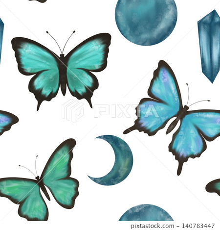Delicate blue and green butterflies, full moon,crescent and magic crystal, splashes,seamless pattern Delicate blue and green butterflies, full moon,crescent and magic crystal, splashes,seamless pattern 140783447