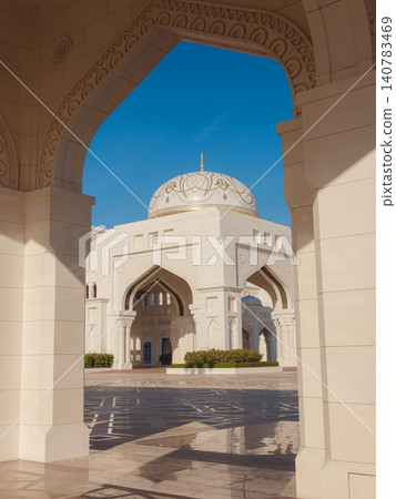 Abu Dhabi, UAE January 15, 2024 Qasr Al Watan s exterior entrance during the sunset. Abu Dhabi, UAE January 15, 2024 Qasr Al Watan s exterior entrance during the sunset. 140783469