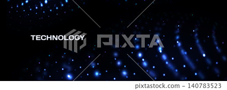 Dark abstract technology background with blue glowing data flow and futuristic digital wave made of small light particles across. Dark abstract technology background with blue glowing data flow and futuristic digital wave made of small light particles across. 140783523