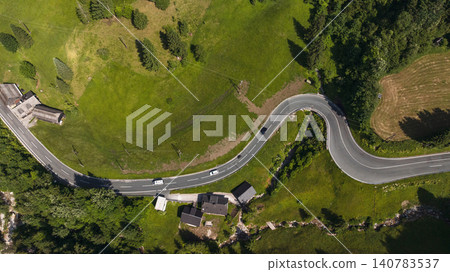 Aerial View Winding Alpine Road Green Valley Austria Village Aerial View Winding Alpine Road Green Valley Austria Village 140783537