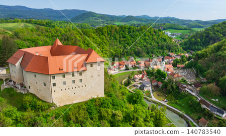 Rajhenburg Castle Aerial View Brestanica Hill Fort Slovenia Rajhenburg Castle Aerial View Brestanica Hill Fort Slovenia 140783540