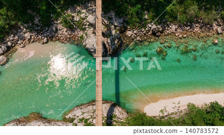 Soca River Wooden Suspension Bridge Aerial View Kobarid Slovenia Soca River Wooden Suspension Bridge Aerial View Kobarid Slovenia 140783572