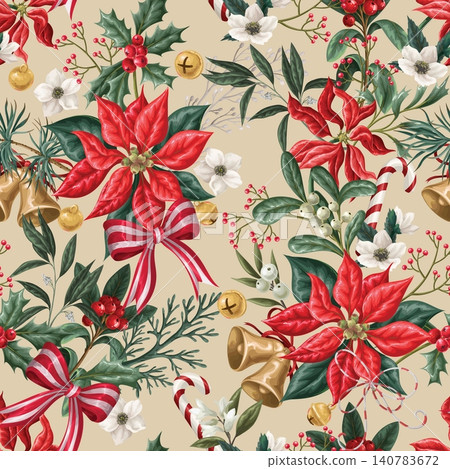 Christmas Flowers Seamless Pattern with Poinsettia Holly Botanical Bells Ribbons Festive Background Design Christmas Flowers Seamless Pattern with Poinsettia Holly Botanical Bells Ribbons Festive Background Design 140783672
