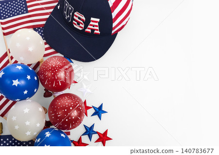 Usa patriotic celebration with flag, hat, and balloons Usa patriotic celebration with flag, hat, and balloons 140783677
