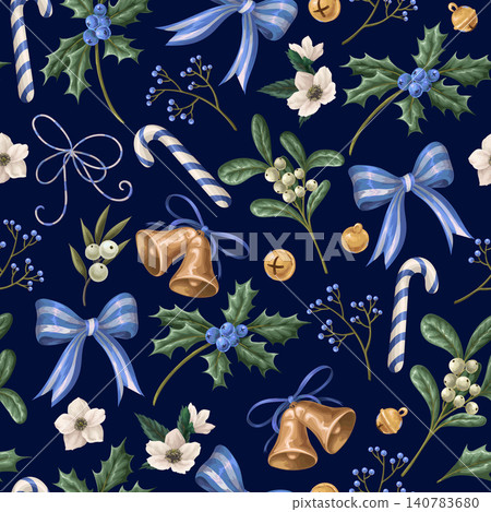 Christmas Flowers Seamless Pattern with Poinsettia Holly Botanical Bells Ribbons Festive Background Design Christmas Flowers Seamless Pattern with Poinsettia Holly Botanical Bells Ribbons Festive Background Design 140783680