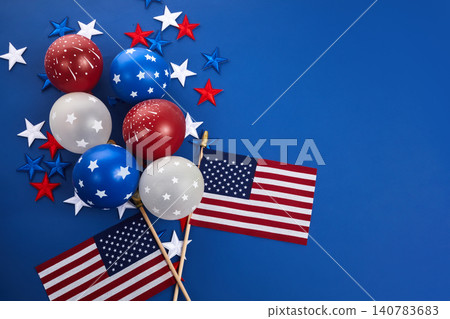 Usa flag, balloons, stars celebrating independence day Usa flag, balloons, stars celebrating independence day 140783683