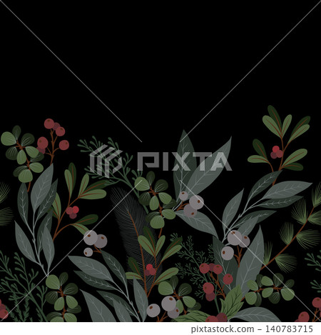 Christmas Dark Botanical Border with Winter Berries Evergreen Leaves Elegant Holiday Design Illustration 140783715