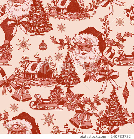 Vintage christmas toile graphic seamless pattern with santa sleigh ornaments cottages Vintage christmas toile graphic seamless pattern with santa sleigh ornaments cottages 140783722