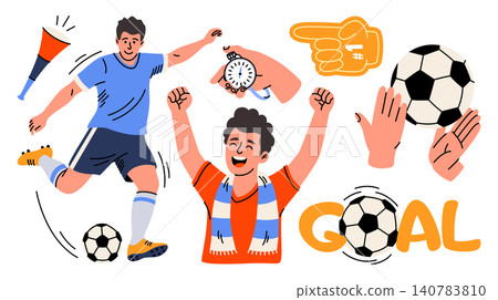 Set of flat cartoon football illustrations. Vector stickers for creating designs for matches, competitions, championships, leagues. Football player, fan, goal, hands, football equipment, whistle, ball Set of flat cartoon football illustrations. Vector stickers for creating designs for matches, competitions, championships, leagues. Football player, fan, goal, hands, football equipment, whistle, ball 140783810