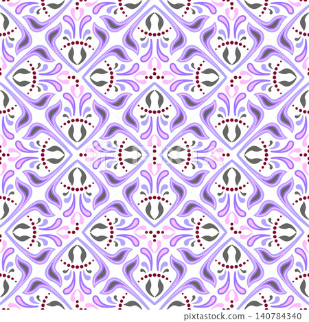 Complex ornamental seamless pattern of curved shapes. Purple pink ornament on white background. Complex ornamental seamless pattern of curved shapes. Purple pink ornament on white background. 140784340