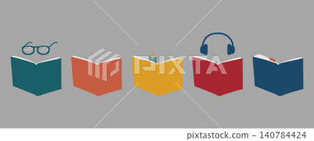 Autumn-colored book cover illustration set (includes bookmark, glasses, and headphones) 140784424