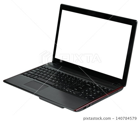 Professional black laptop with a blank white screen isolated. Angled perspective view of portable computer mockup for software or website display. Modern technology hardware. 140784579