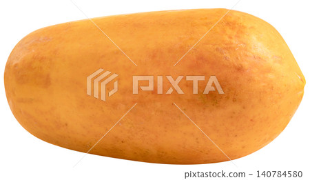 High quality studio shot of a whole ripe papaya isolated. The fruit features a vibrant orange and yellow skin, perfect for healthy food and tropical fruit concepts. 140784580