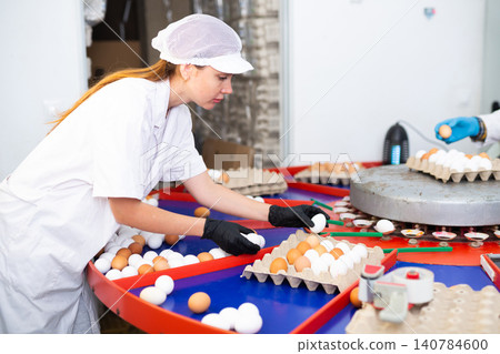 Adult experienced european woman sorting eggs in chicken farm Adult experienced european woman sorting eggs in chicken farm 140784600
