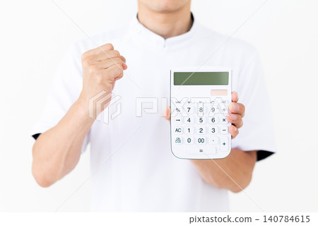 A middle-aged male acupuncturist/osteopath in a white coat, holding a calculator and making a triumphant gesture. A middle-aged male acupuncturist/osteopath in a white coat, holding a calculator and making a triumphant gesture. 140784615