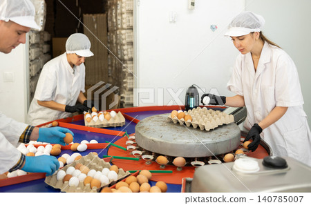 Two female farmer workers in uniform sorting and labeling chicken eggs on farm Two female farmer workers in uniform sorting and labeling chicken eggs on farm 140785007