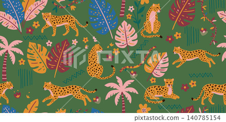 Vibrant seamless vector pattern featuring exotic jaguars, wild leopards, palm trees, and tropical monstera leaves on a lush green background. Vibrant seamless vector pattern featuring exotic jaguars, wild leopards, palm trees, and tropical monstera leaves on a lush green background. 140785154