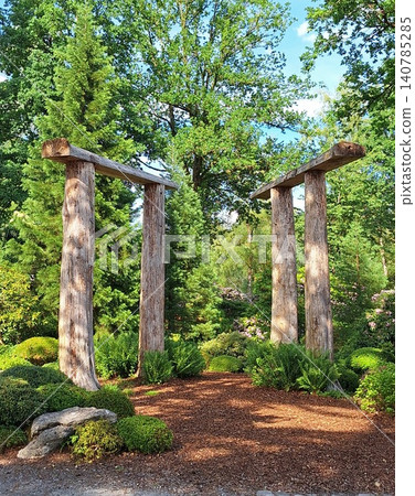 Wooden gates in Seliger Moor park under a green canopy of leaves Wooden gates in Seliger Moor park under a green canopy of leaves 140785285