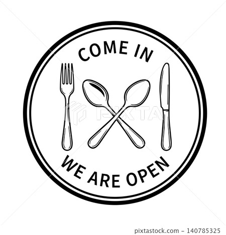 Restaurant open sign icon with cutlery, minimalist line art of fork, knife, and crossed spoons in a circle for cafe and bistro welcome signage. Restaurant open sign icon with cutlery, minimalist line art of fork, knife, and crossed spoons in a circle for cafe and bistro welcome signage. 140785325