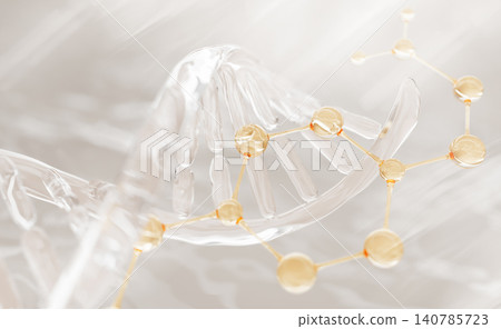 Transparent DNA helix strand structure with gold molecule. Bio cosmetic lab 3d background. Beauty oil, genetic serum with hyaluronic acid, collagen peptides. Biotech, skincare science. 3D Illustration Transparent DNA helix strand structure with gold molecule. Bio cosmetic lab 3d background. Beauty oil, genetic serum with hyaluronic acid, collagen peptides. Biotech, skincare science. 3D Illustration 140785723