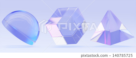 Hologram glass 3D shapes - hemisphere, cube and pyramid float on blue background. Crystal geometric figures with prismatic light refraction and vibrant purple pink chromatic gradient. 3D illustration Hologram glass 3D shapes - hemisphere, cube and pyramid float on blue background. Crystal geometric figures with prismatic light refraction and vibrant purple pink chromatic gradient. 3D illustration 140785725