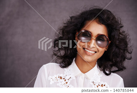 Studio, smile and fashion for portrait of woman with sunglasses and confidence for Indian girl. Dark background, adult and female person with unique style, relax and aesthetic for proud model Studio, smile and fashion for portrait of woman with sunglasses and confidence for Indian girl. Dark background, adult and female person with unique style, relax and aesthetic for proud model 140785844