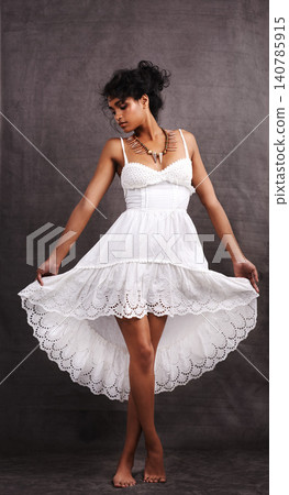 Woman, studio and spring dress for fashion, female person thinking of vacation. Native American model, traditional accessories with free spirit girl, isolated on background in contemporary pose 140785915