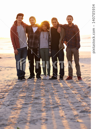 Sand, support and portrait of friends at beach for sunset, summer adventure and bonding together. Nature, travel and people by ocean for weekend trip, holiday or vacation with wellness at seaside Sand, support and portrait of friends at beach for sunset, summer adventure and bonding together. Nature, travel and people by ocean for weekend trip, holiday or vacation with wellness at seaside 140785934