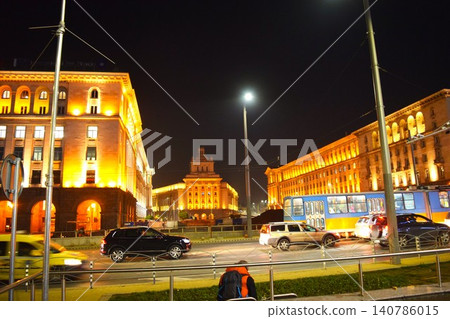 Night view of the Sofia Largo district and the former Communist Party headquarters. 140786015