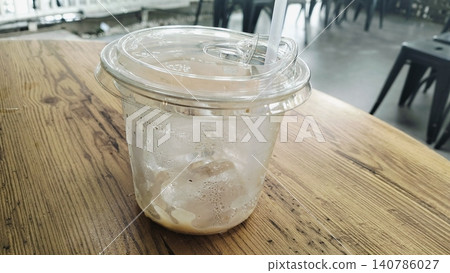 Empty Iced Coffee Takeaway Plastic Cups with Leftover Ice Cubes Empty Iced Coffee Takeaway Plastic Cups with Leftover Ice Cubes 140786027