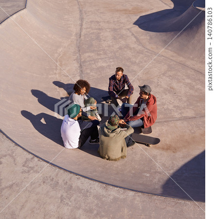 Group, skate park and friends with conversation, sunshine and recreation with weekend break and team. People, outdoor and skaters with summer and hobby with diversity and support with discussion Group, skate park and friends with conversation, sunshine and recreation with weekend break and team. People, outdoor and skaters with summer and hobby with diversity and support with discussion 140786103