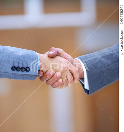 Professional and handshake in business deal agreement for office, corporate merger or acquisition collaboration. Hello, thank you hand gesture for businesspeople, b2b or crm contract congratulations 140786243