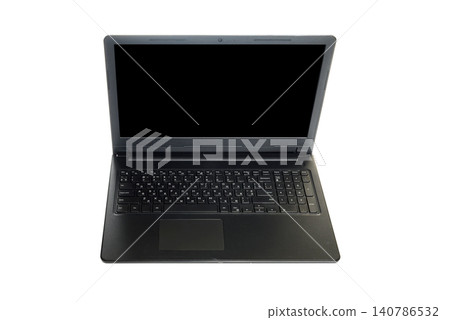 modern black laptop with open screen stands in the center on an isolated background modern black laptop with open screen stands in the center on an isolated background 140786532