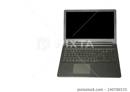 black open laptop is shifted to the right side on a completely white isolated background 140786533