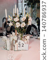 Soft pink tablecloth with elegant candle arrangement 140786937